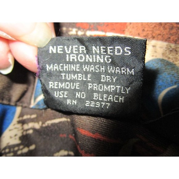 Vintage 70s Joel Cal Made Polyester Disco Shirt Wood Foliage Pattern Mens Lg GUC - Picture 16 of 16